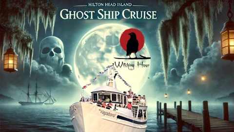 Vagabond Cruise's Ghost Ship Cruise. a graphic of a ship with a spooky skull