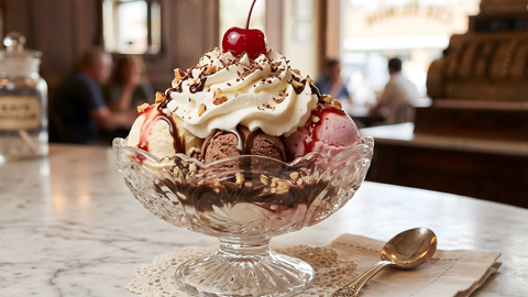 Where to Get Ice Cream on Hilton Head. a big bowl of vanilla, chocolate and strawberry ice cream in a glass bowl and in a parlor