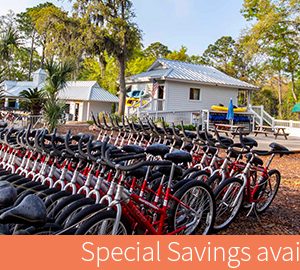 Hilton Head Outfitters & Bike Rentals. a row of bikes in front of a house