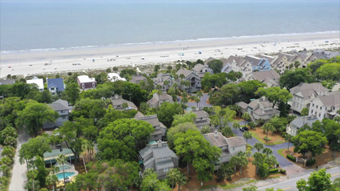 sunset rentals. aerial view of Rows of beach houses